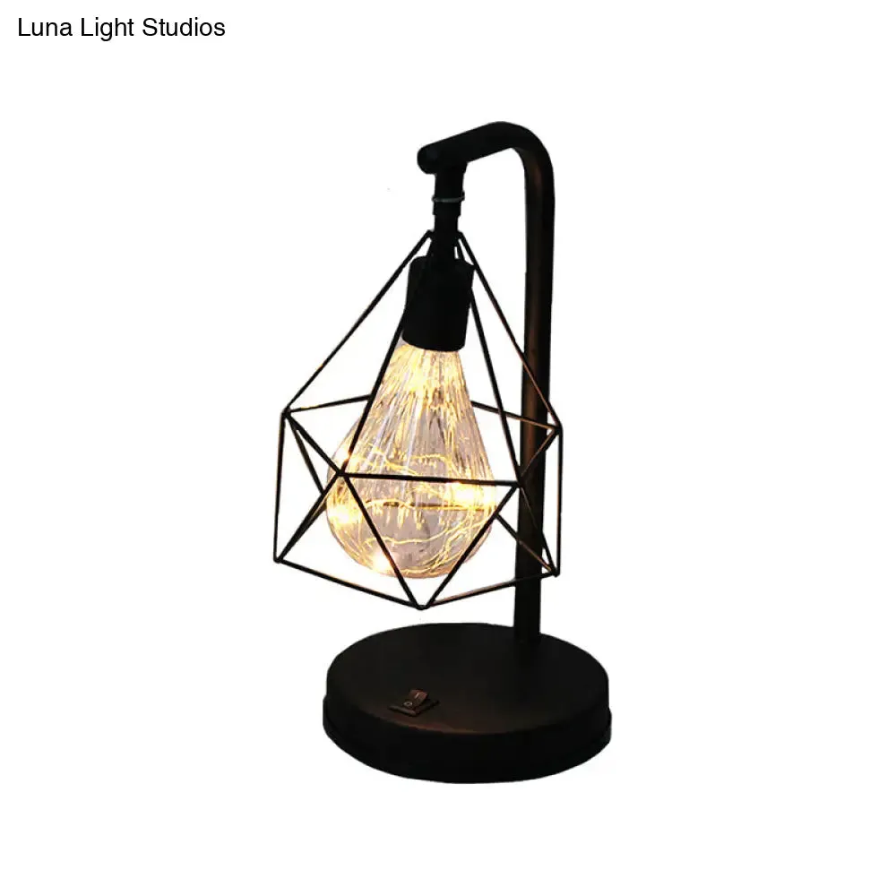 Art Deco LED Night Light for Kids' Bedroom - Black Table Lamp with Diamond Iron Cage Design