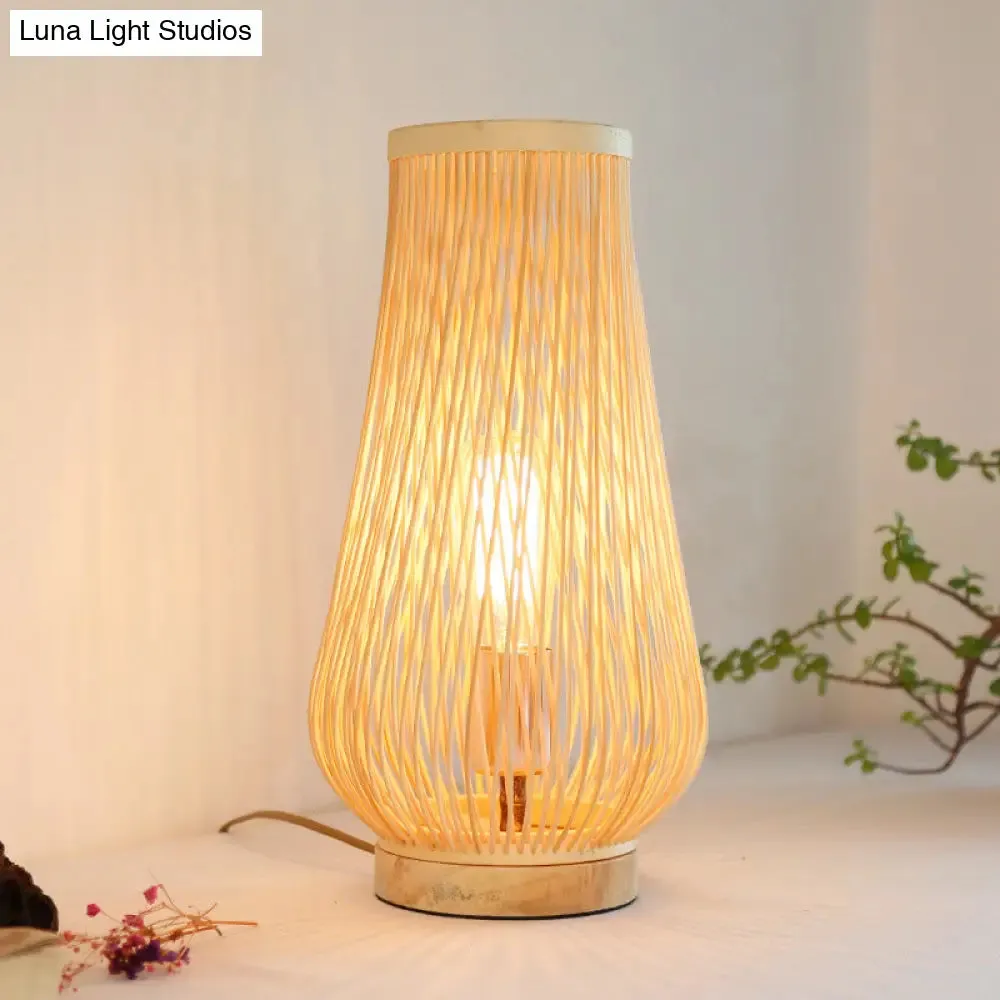 Asian Style Beige Table Lamp with Bamboo Shade - Perfect for Bedroom Desk