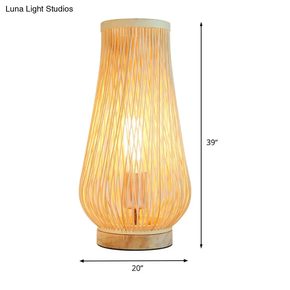 Asian Style Beige Table Lamp with Bamboo Shade - Perfect for Bedroom Desk