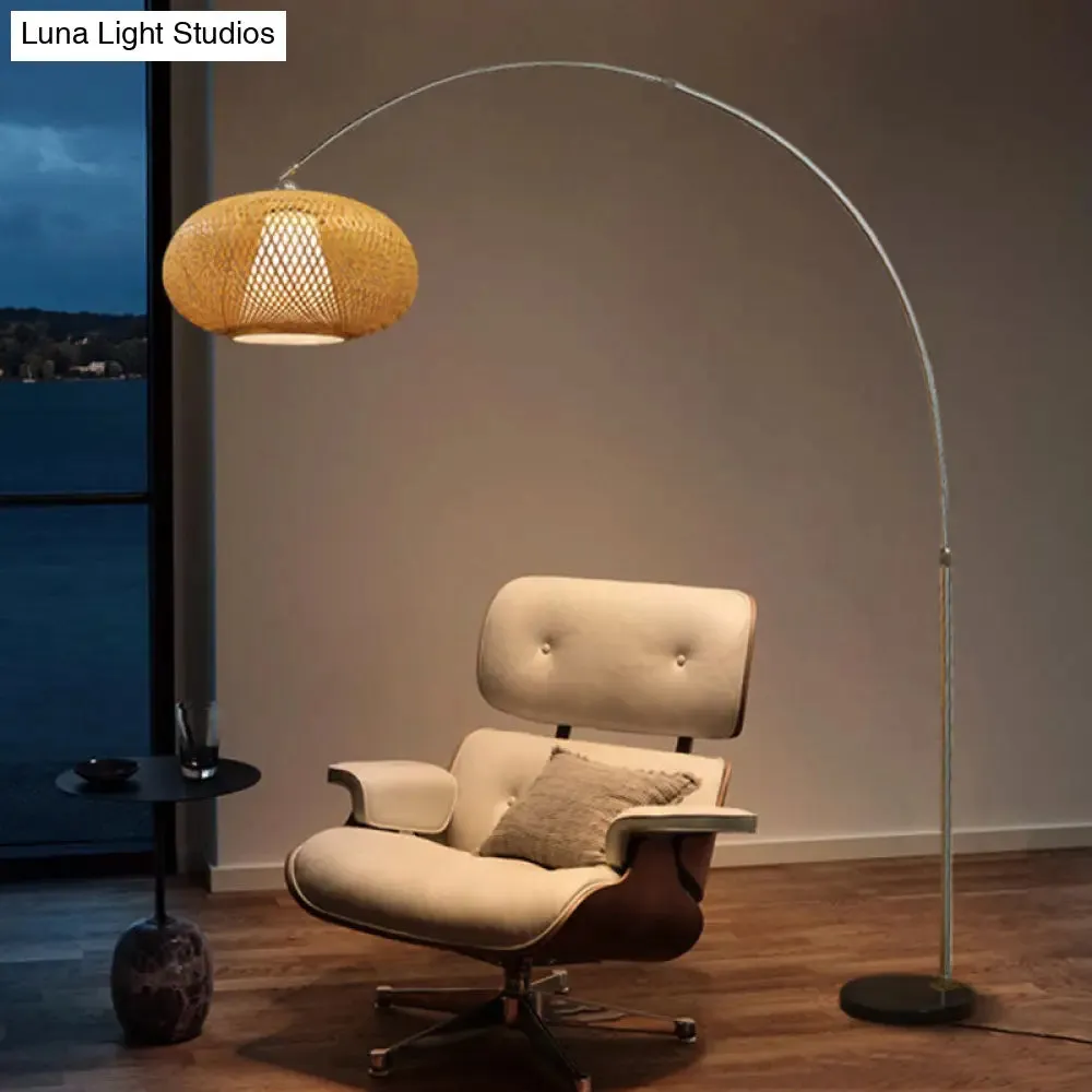 Bamboo Standing Fishing Rod Floor Lamp with Swivel Shade - Wood Reading Light