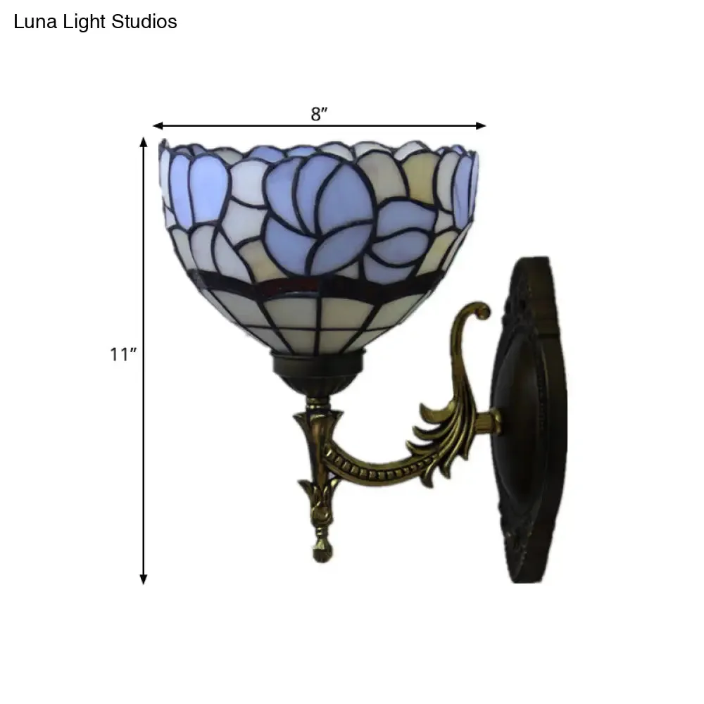 Baroque Blue Domed Wall Light Sconce: 1-Light Stained Glass Floral Pattern for Elegant Wall Lighting