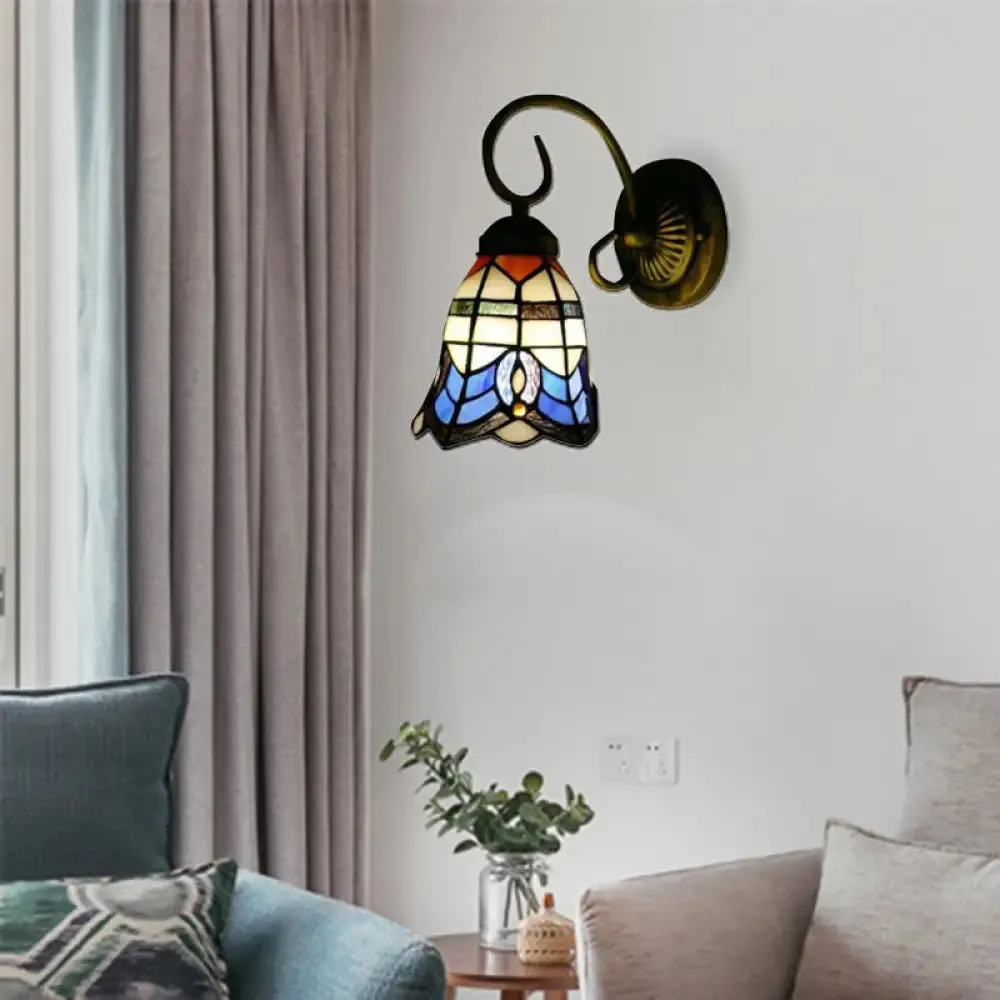 Baroque Style Grid Bell Wall Light Stained Glass Wall Sconce for Kitchen - Beige (8"/6" W)