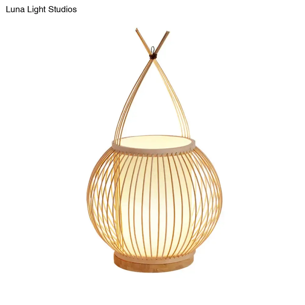 Beige Asian Style Bamboo Lantern Desk Light with Parchment Shade - Single Bulb Night Table Lamp