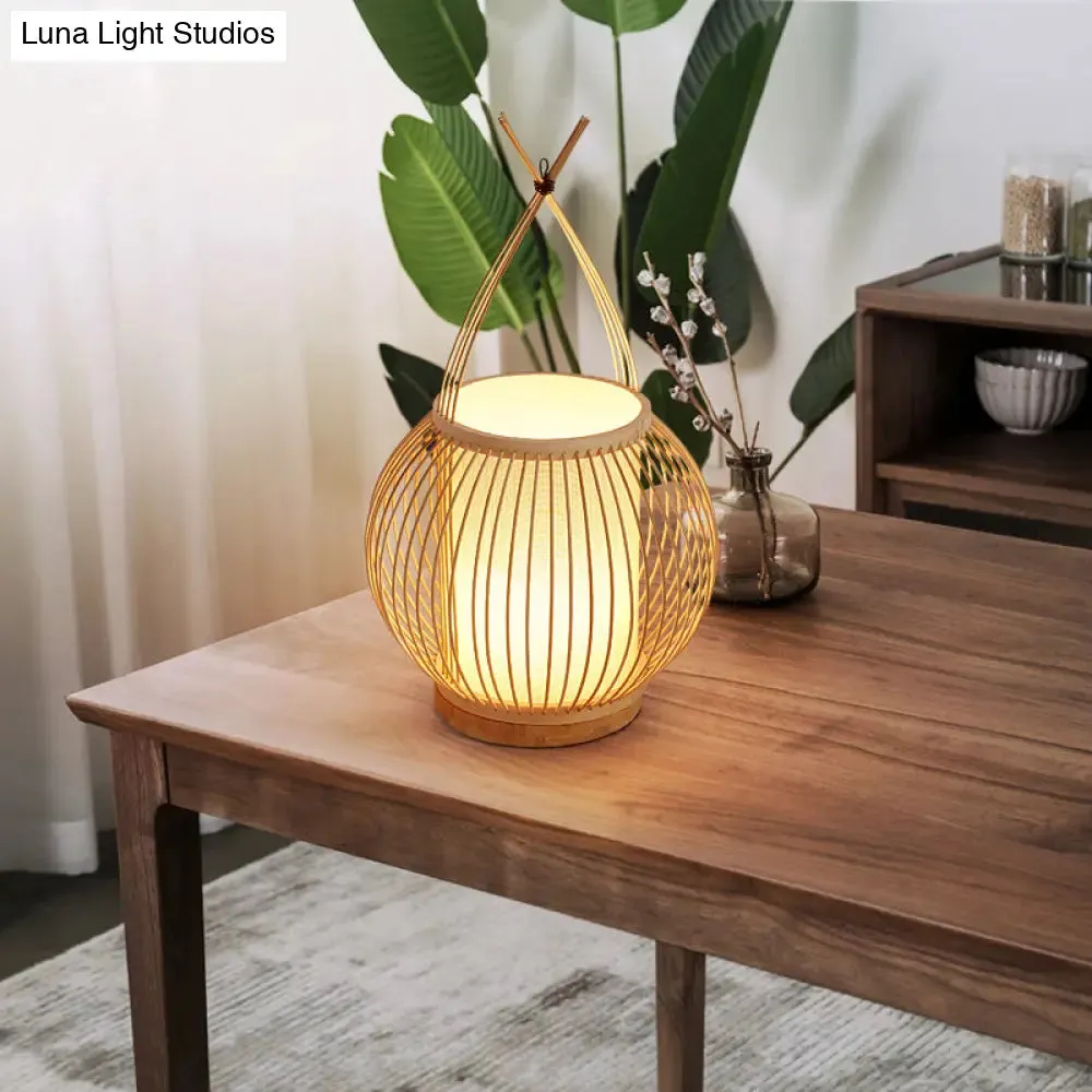 Beige Asian Style Bamboo Lantern Desk Light with Parchment Shade - Single Bulb Night Table Lamp