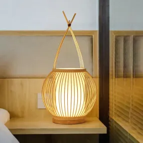 Beige Asian Style Bamboo Lantern Desk Light with Parchment Shade - Single Bulb Night Table Lamp