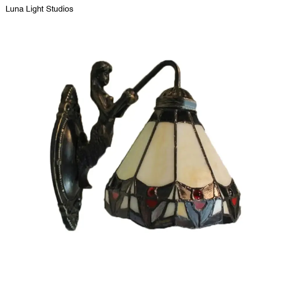 Beige Glass Cone Wall Light Tiffany Antique Bronze Sconce for Hallway