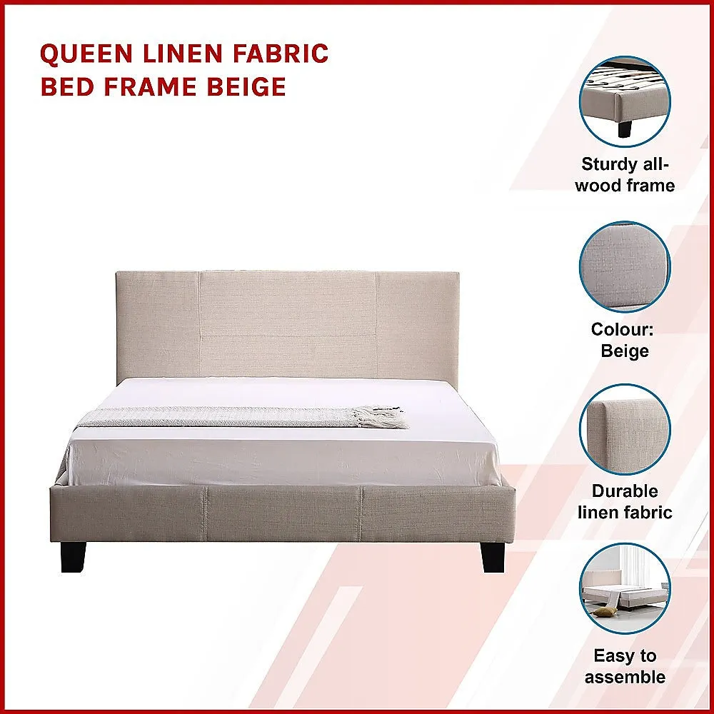 Beige Queen Linen Fabric Bed Frame with Stitched Headboard