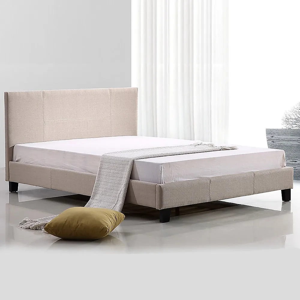 Beige Queen Linen Fabric Bed Frame with Stitched Headboard