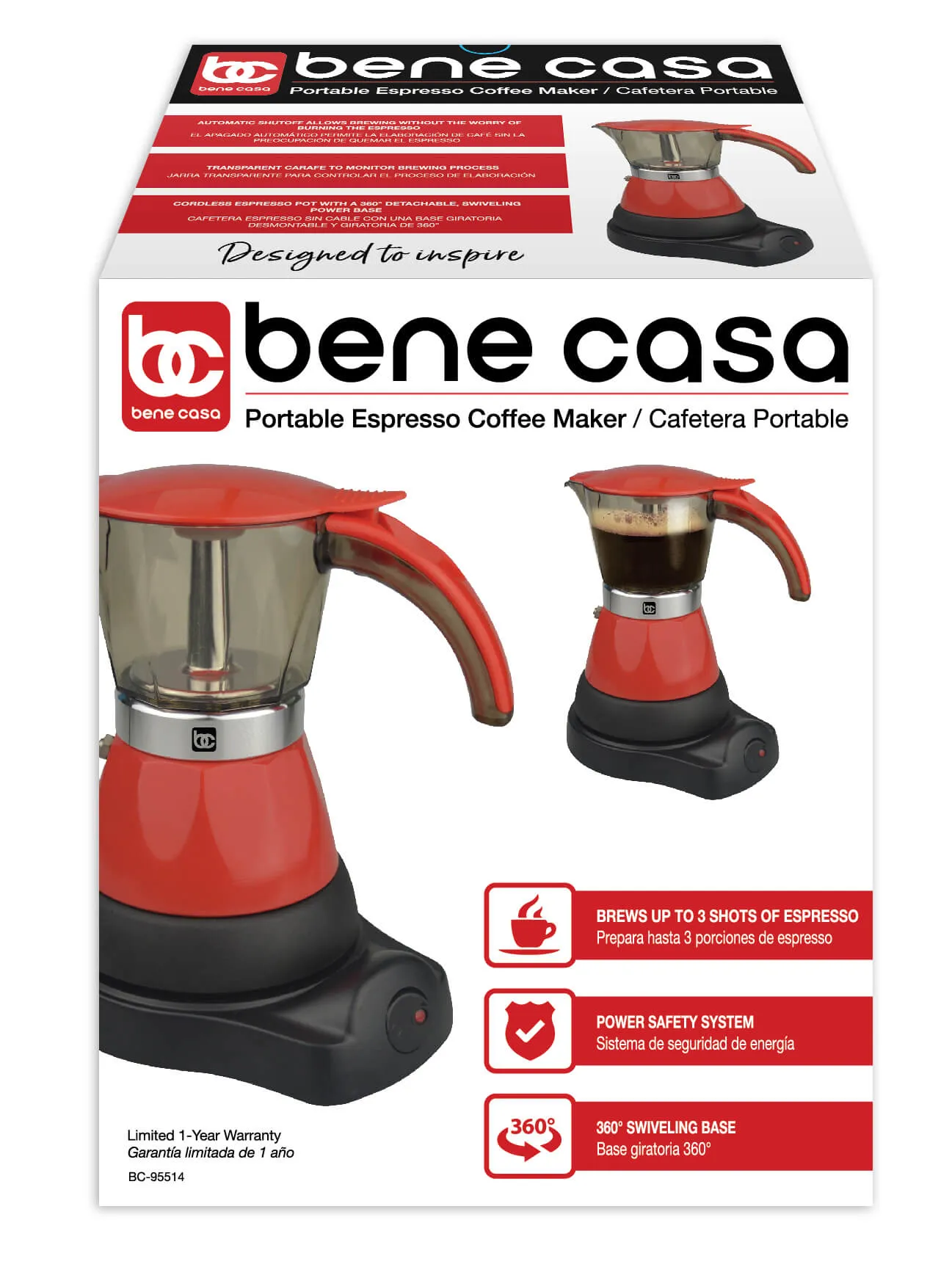 Bene Casa Portable Electric Espresso Maker/ Cafetera , 1-3 Cups/Shots