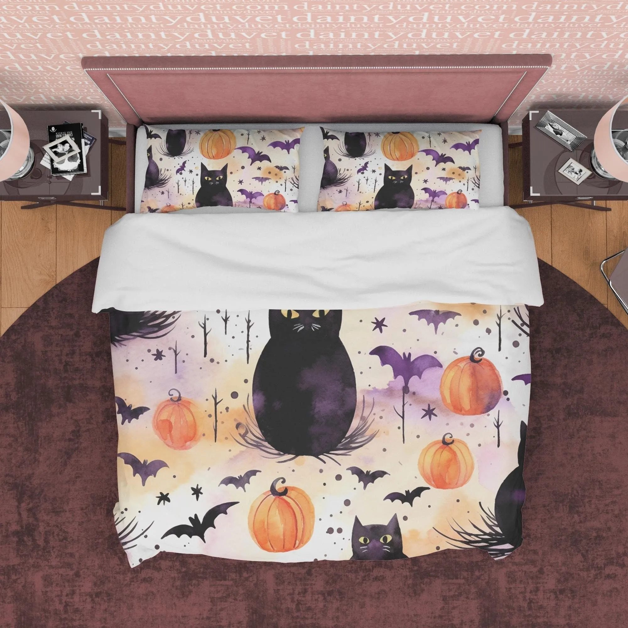 Black Cat with Bats & Pumpkin, Halloween Duvet Cover Set, Aesthetic Bedding Zipper, Spooky Room Decor, US, UK, European, Australian Bed Size