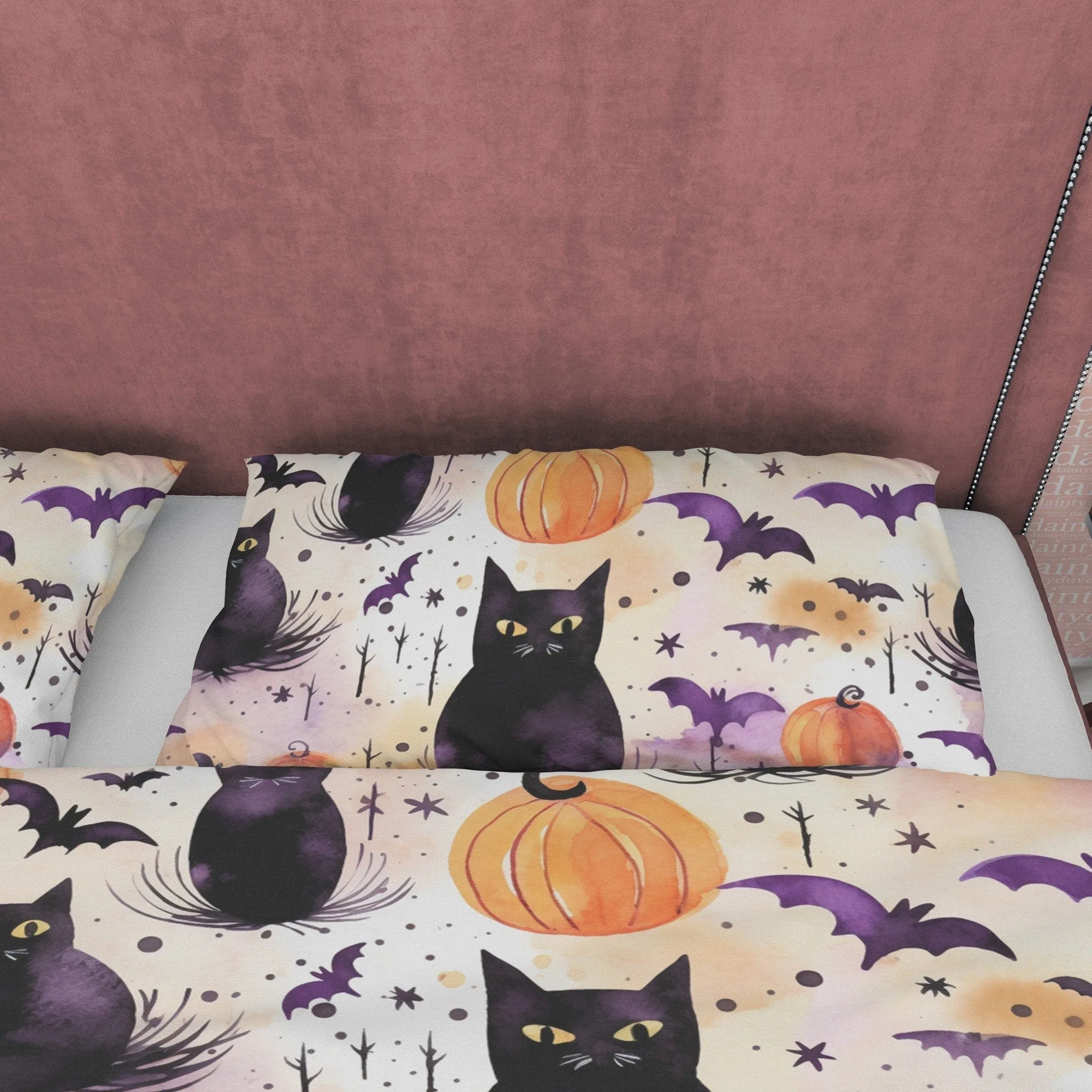 Black Cat with Bats & Pumpkin, Halloween Duvet Cover Set, Aesthetic Bedding Zipper, Spooky Room Decor, US, UK, European, Australian Bed Size