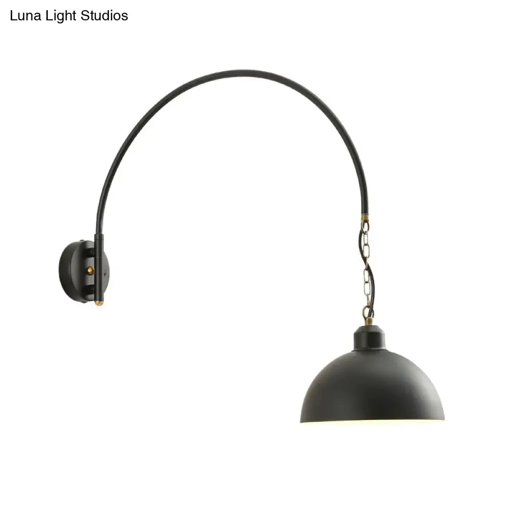 Black Dome Wall Sconce with Curved Arm Mount and Metallic Finish Bulb