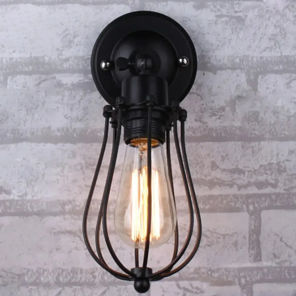 Black Metal Cage Wall Mount Light with Pivot Joint - Industrial Bedroom Sconce Lamp