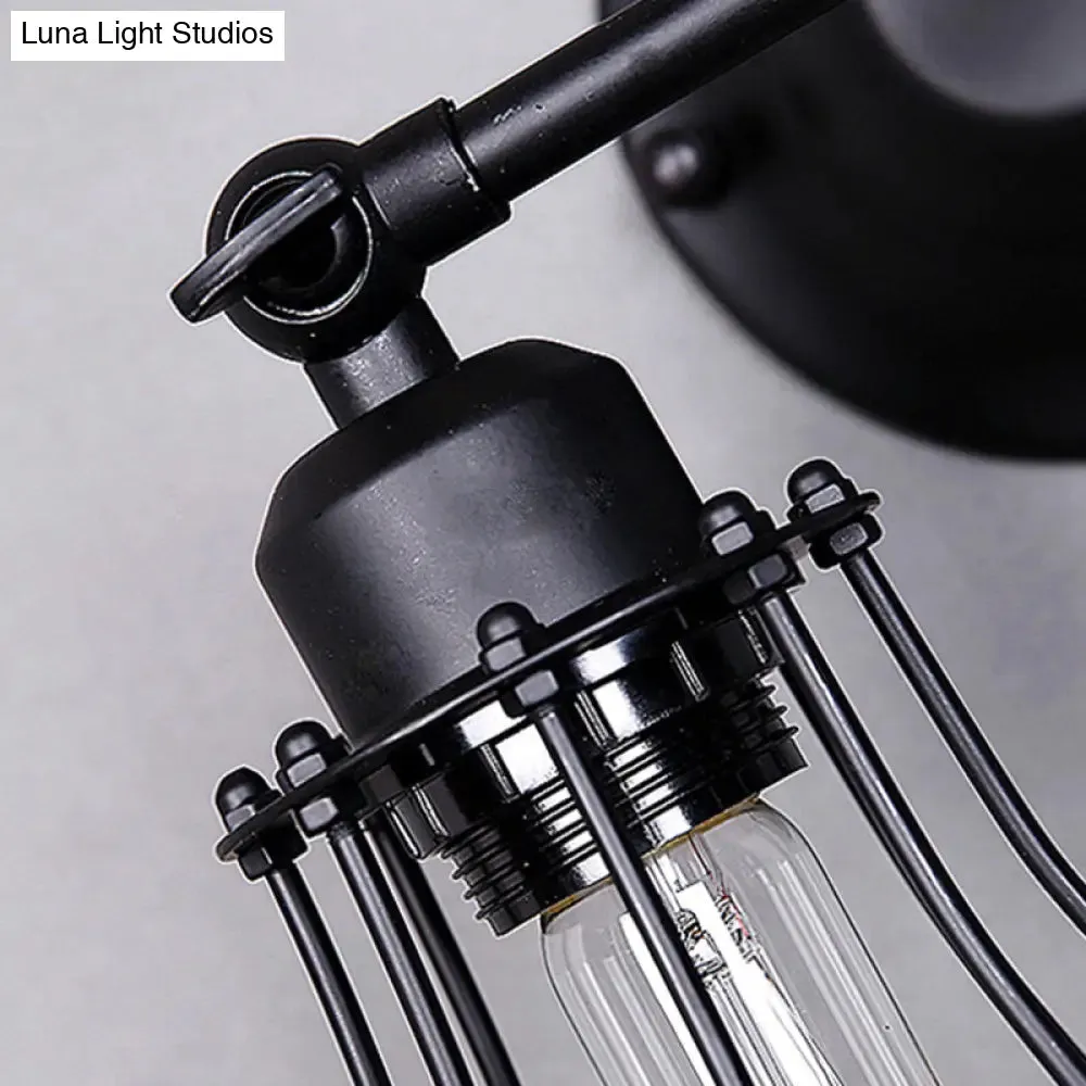 Black Metal Cage Wall Mount Light with Pivot Joint - Industrial Bedroom Sconce Lamp