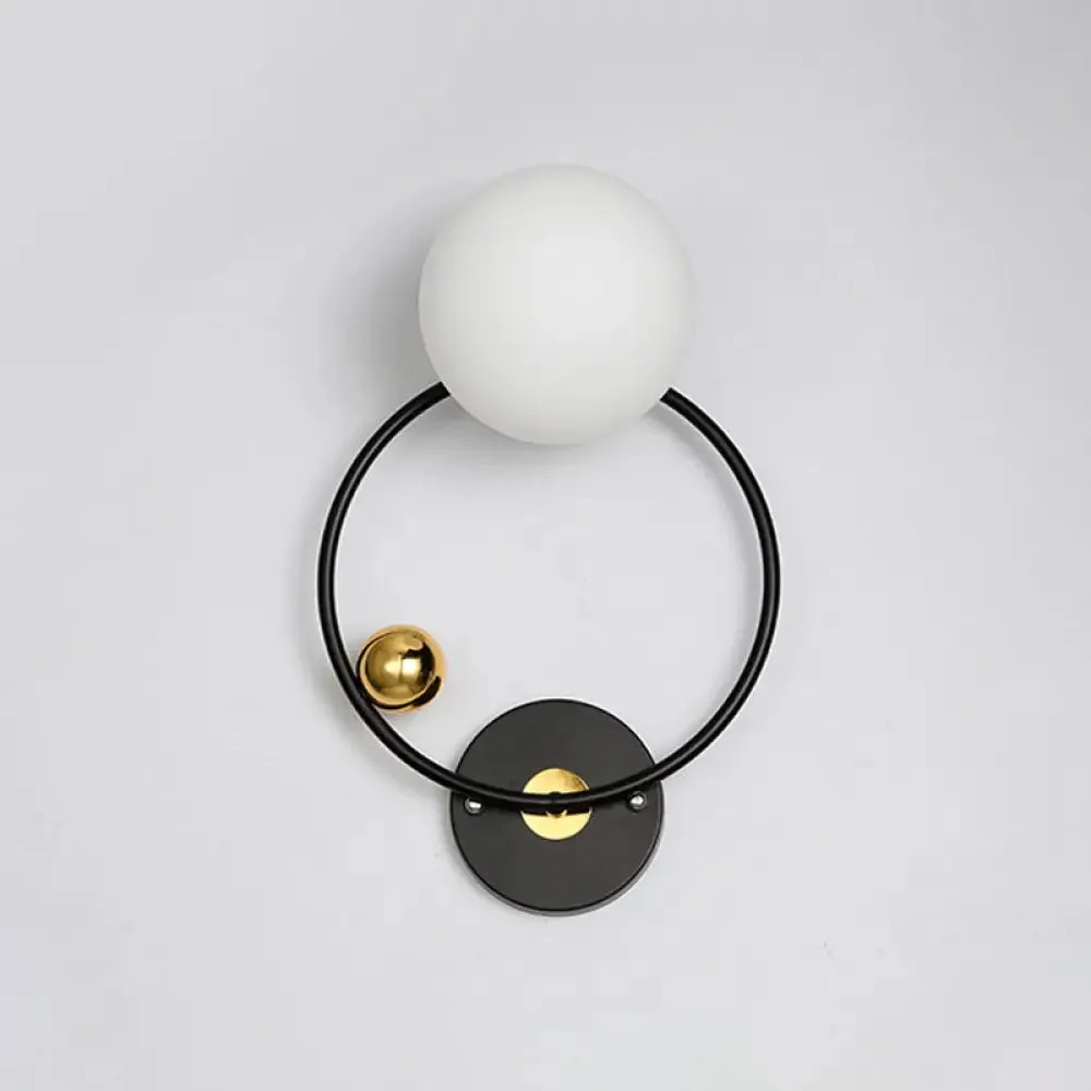 Black Modernist Wall Sconce Light with Opal Glass Shade