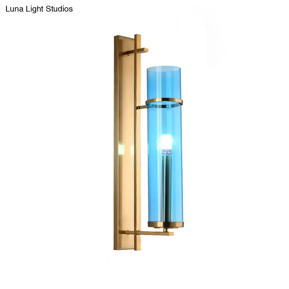 Blue Glass Cylinder Living Room Sconce - Modern Wall Mount Light Fixture