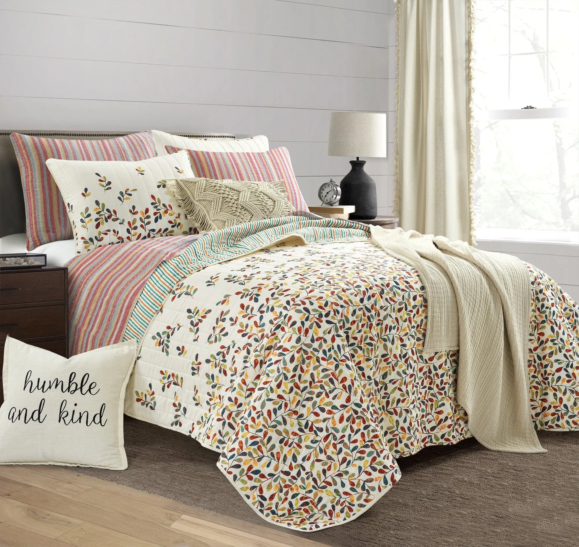 Boho Botanical Leaf Reversible 3 Piece Quilt Set