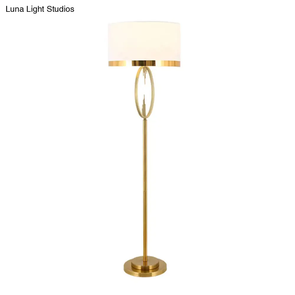 Brass Drum Stand Up Lamp: Classic Fabric 1-Light Floor Lighting for Living Room Reading with Circle Design