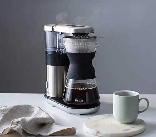 Brim 8 Cup Pour Over Coffee Maker Kit, Simply Make Rich, Full-Bodied Coffee Every Time, Set Includes Glass Carafe, SCA Measuring Scoop, Silicone Sleeve, and Healthy-Eco Reusable Filter, Stainless Steel