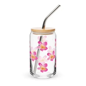 Can-shaped glass with straw - Pink plumeria