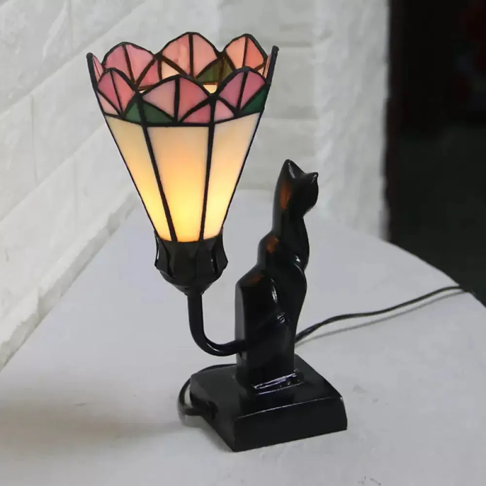 Cat Tiffany Stained Glass Table Lamp - Traditional Pink/White Accent Lighting