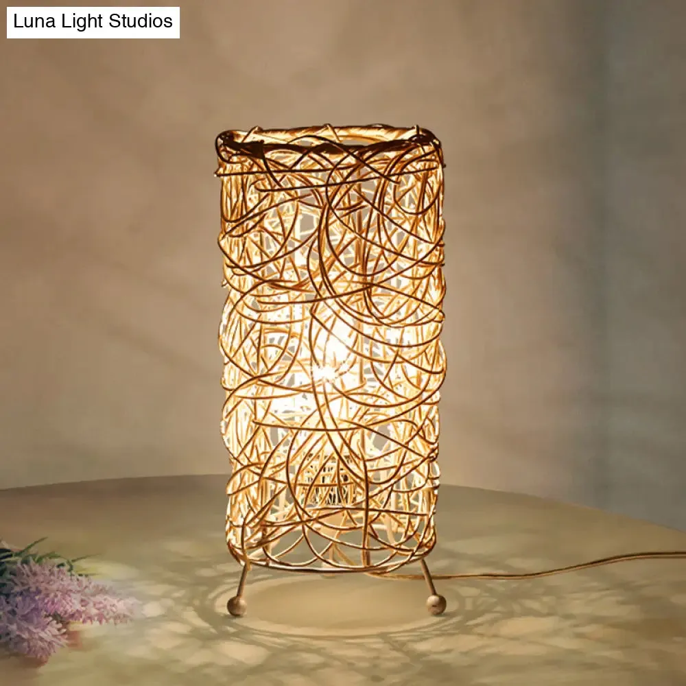 Chinese Bamboo Cylindrical Desk Light: 1 Bulb Task Lighting for Living Room in White/Coffee