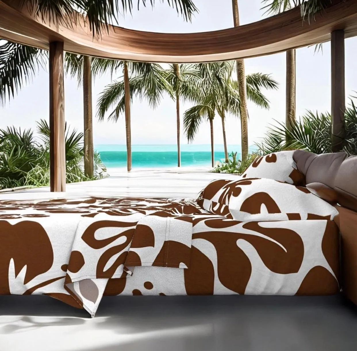 Chocolate Brown Hawaiian Flowers on White Sheet Set from Surfer Bedding™️ Large Scale