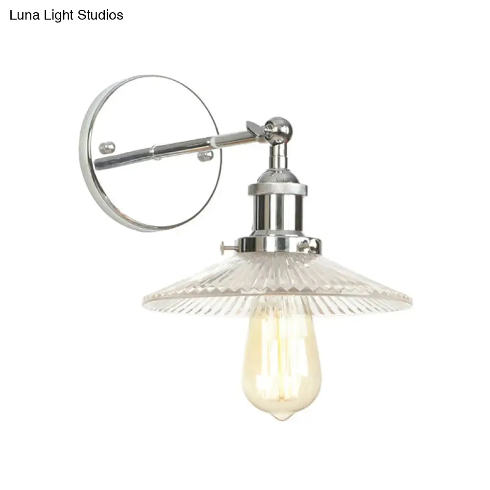 Clear Glass Conical Wall Mounted Bathroom Sconce Light - Industrial Single Bulb in Chrome