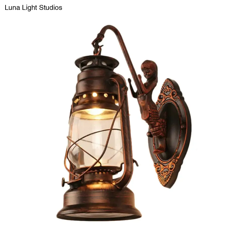 Coastal Bedroom Wall Light with Lantern Shade - Clear Glass Sconce in Black/Antique Brass/Weathered Copper with Mermaid