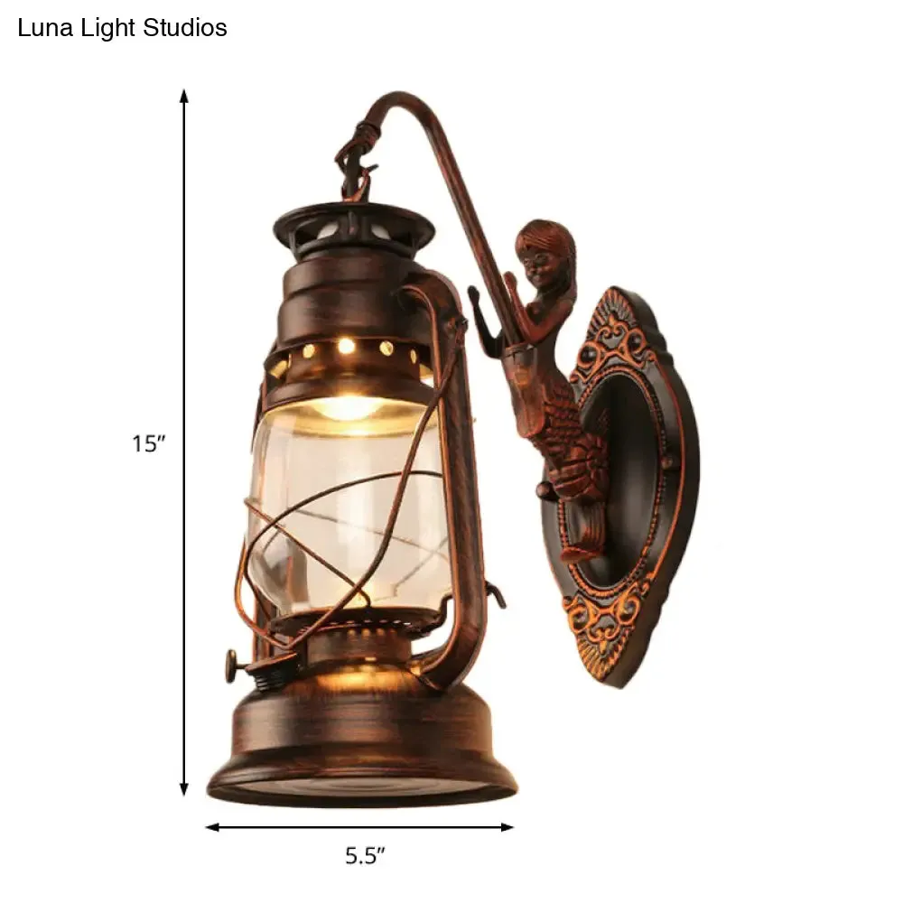 Coastal Bedroom Wall Light with Lantern Shade - Clear Glass Sconce in Black/Antique Brass/Weathered Copper with Mermaid