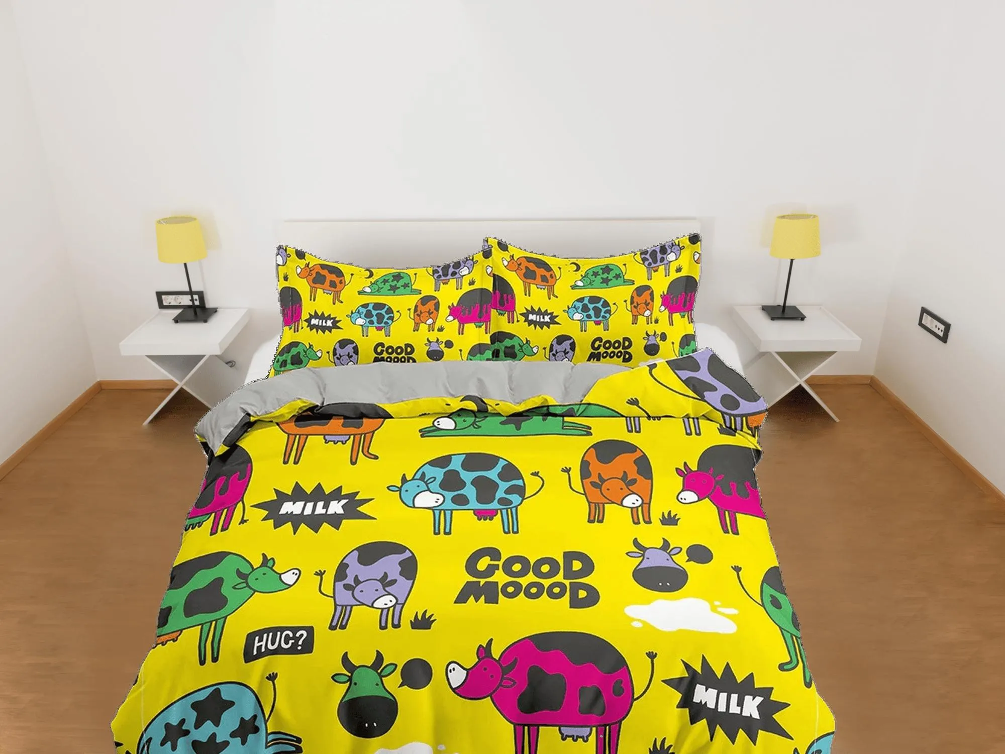 Colorful Farm Animals Yellow Bedding, Duvet Cover & Pillowcase, Zipper Bedding, Dorm Bedding, Teens Adult Duvet King Queen Full Twin Single