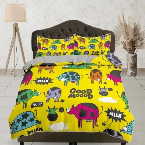 Colorful Farm Animals Yellow Bedding, Duvet Cover & Pillowcase, Zipper Bedding, Dorm Bedding, Teens Adult Duvet King Queen Full Twin Single