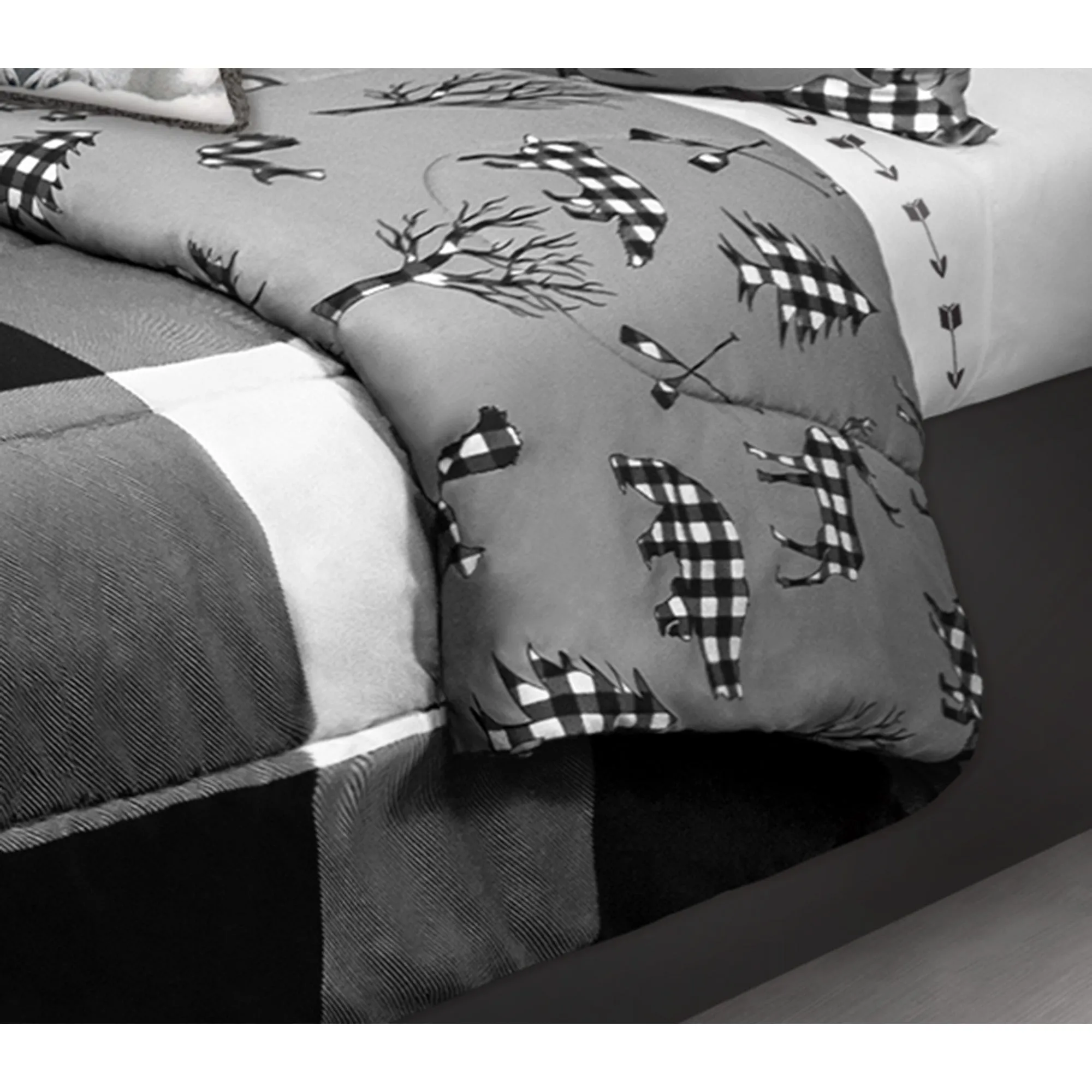 Comforter 3 Piece Set Double/Queen Printed Buffalo Plaid White/Black