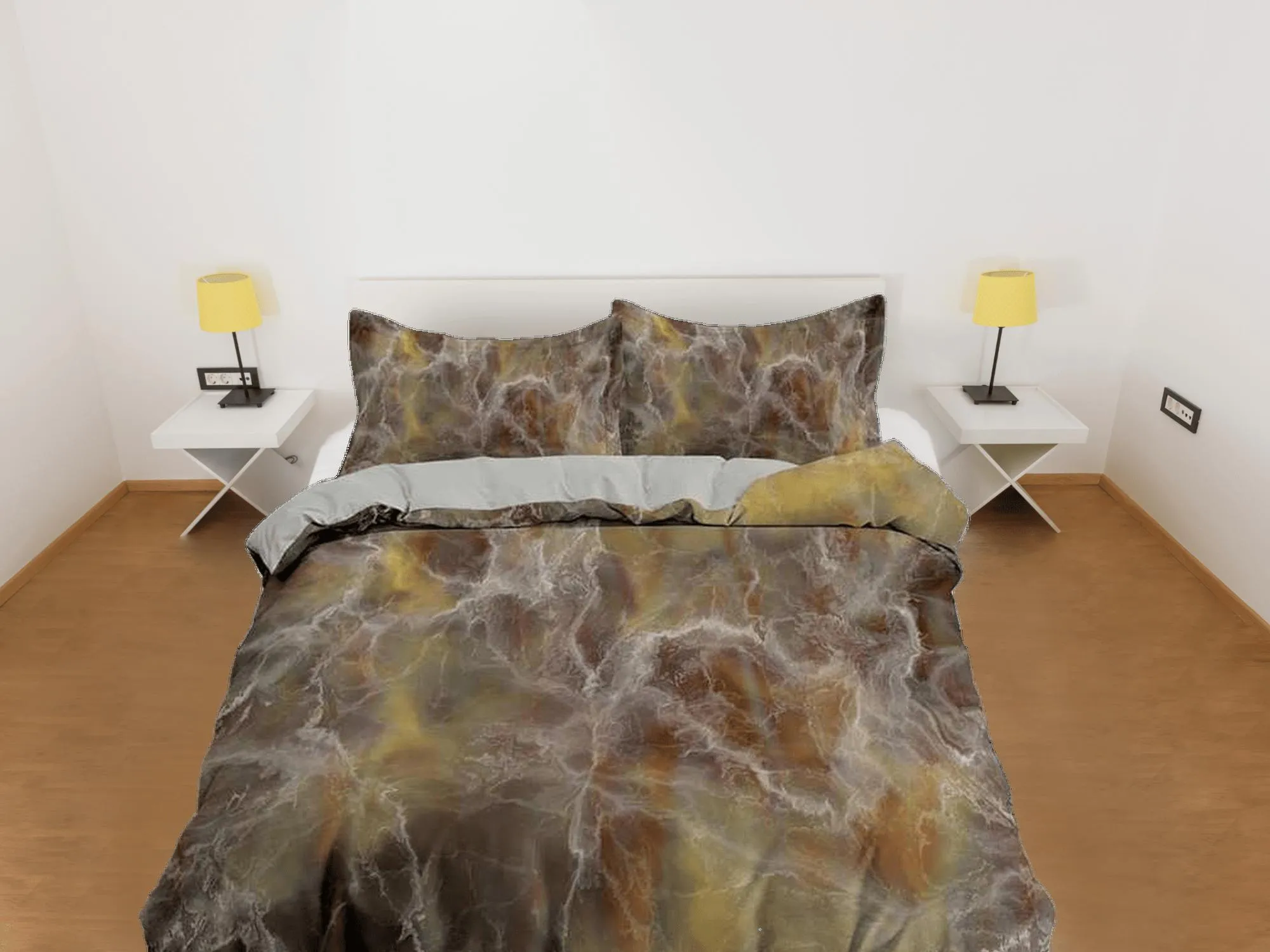 Contemporary bedroom set brown aesthetic duvet cover, alcohol ink marble abstract art room decor boho chic bedding set full king queen