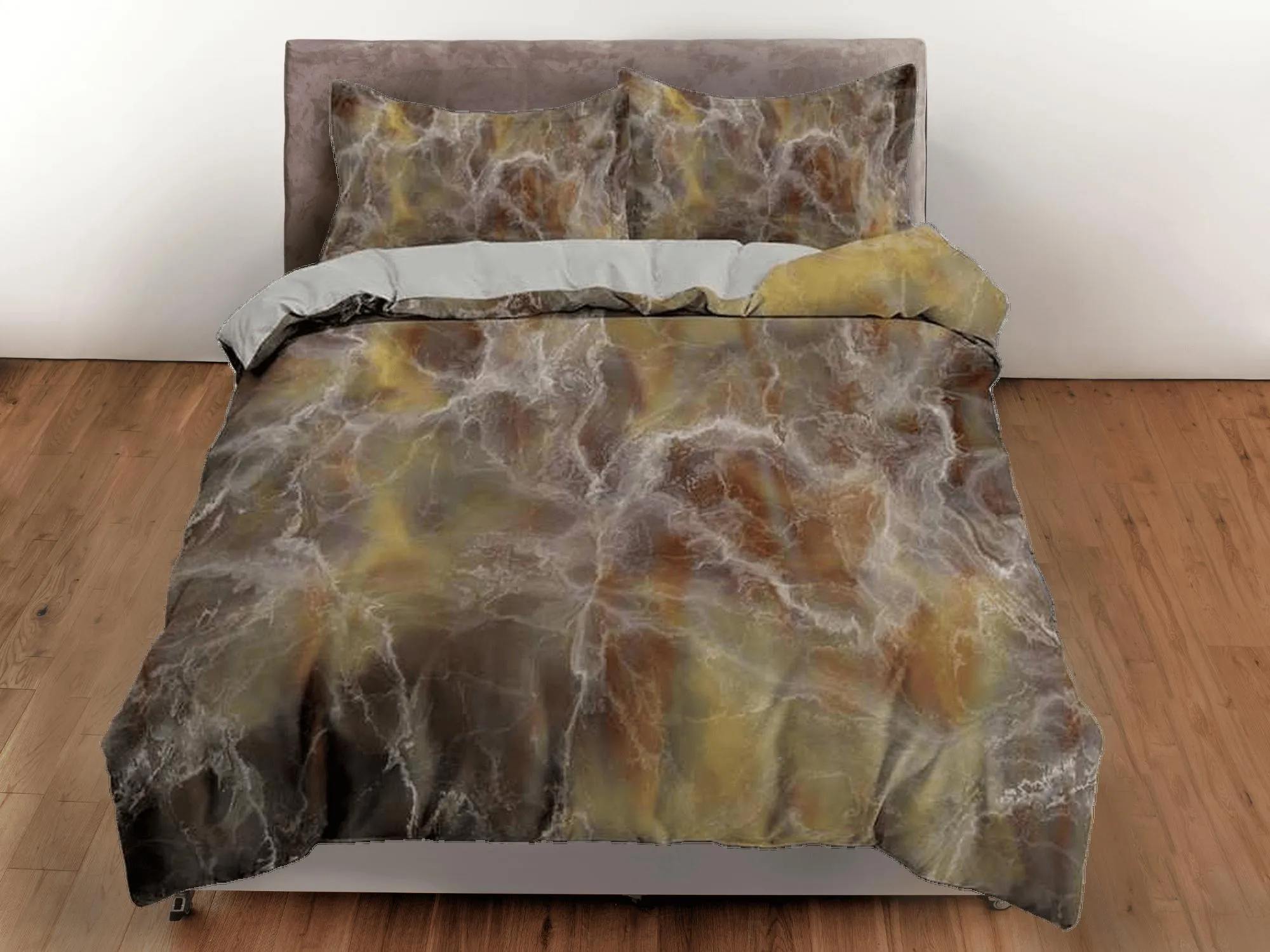 Contemporary bedroom set brown aesthetic duvet cover, alcohol ink marble abstract art room decor boho chic bedding set full king queen