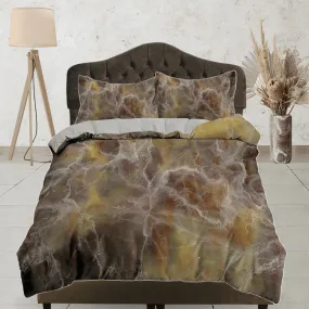 Contemporary bedroom set brown aesthetic duvet cover, alcohol ink marble abstract art room decor boho chic bedding set full king queen