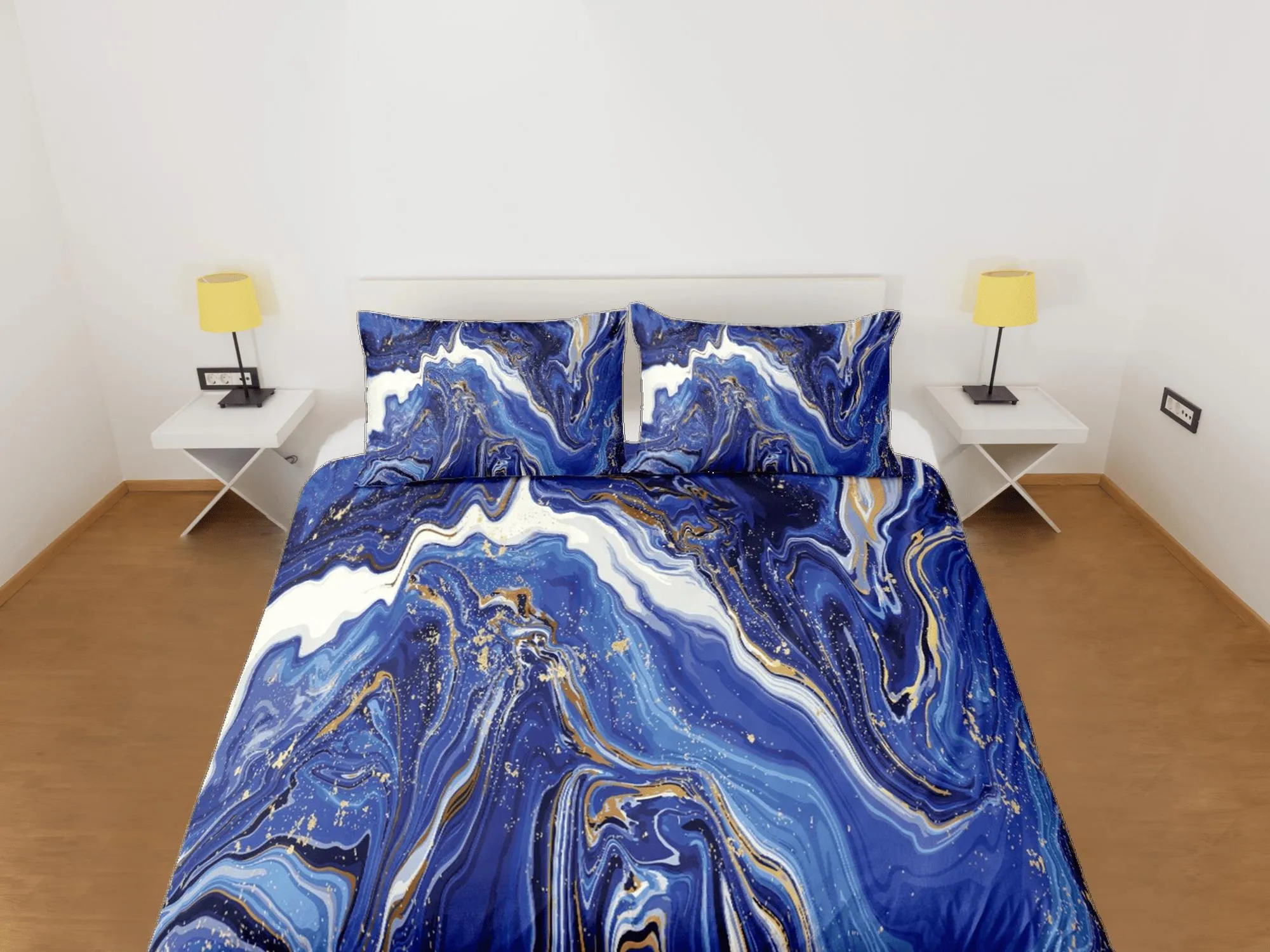 Contemporary bedroom set royal blue aesthetic duvet cover, gold marble abstract art room decor boho chic bedding set full king queen