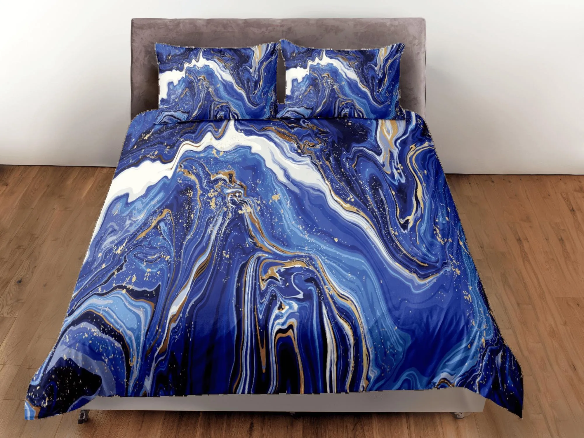 Contemporary bedroom set royal blue aesthetic duvet cover, gold marble abstract art room decor boho chic bedding set full king queen