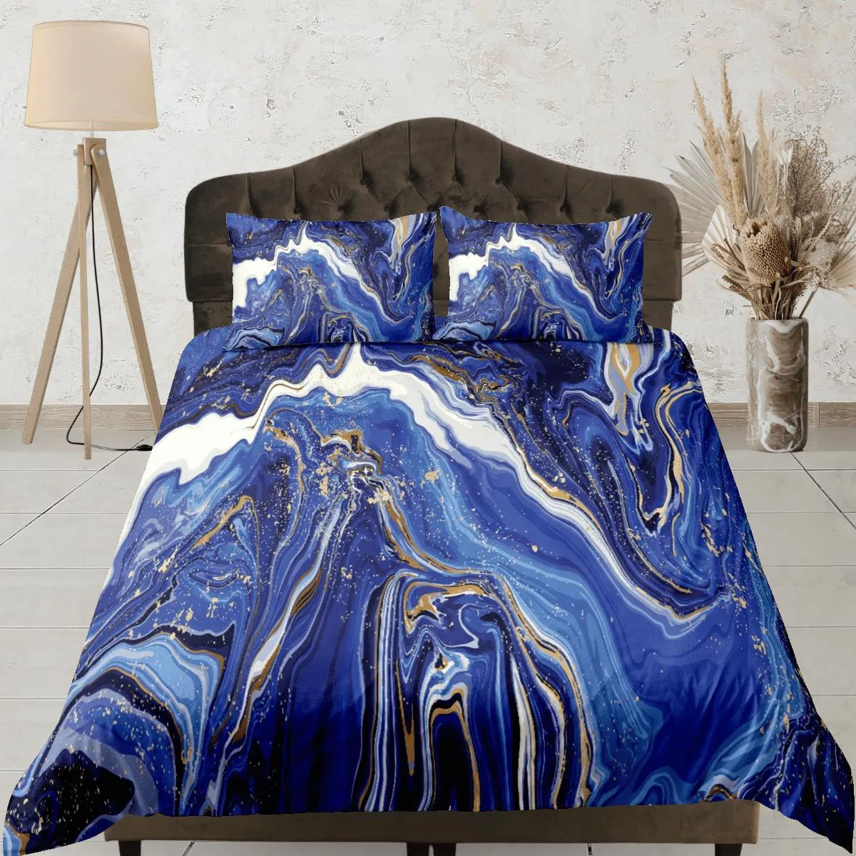 Contemporary bedroom set royal blue aesthetic duvet cover, gold marble abstract art room decor boho chic bedding set full king queen