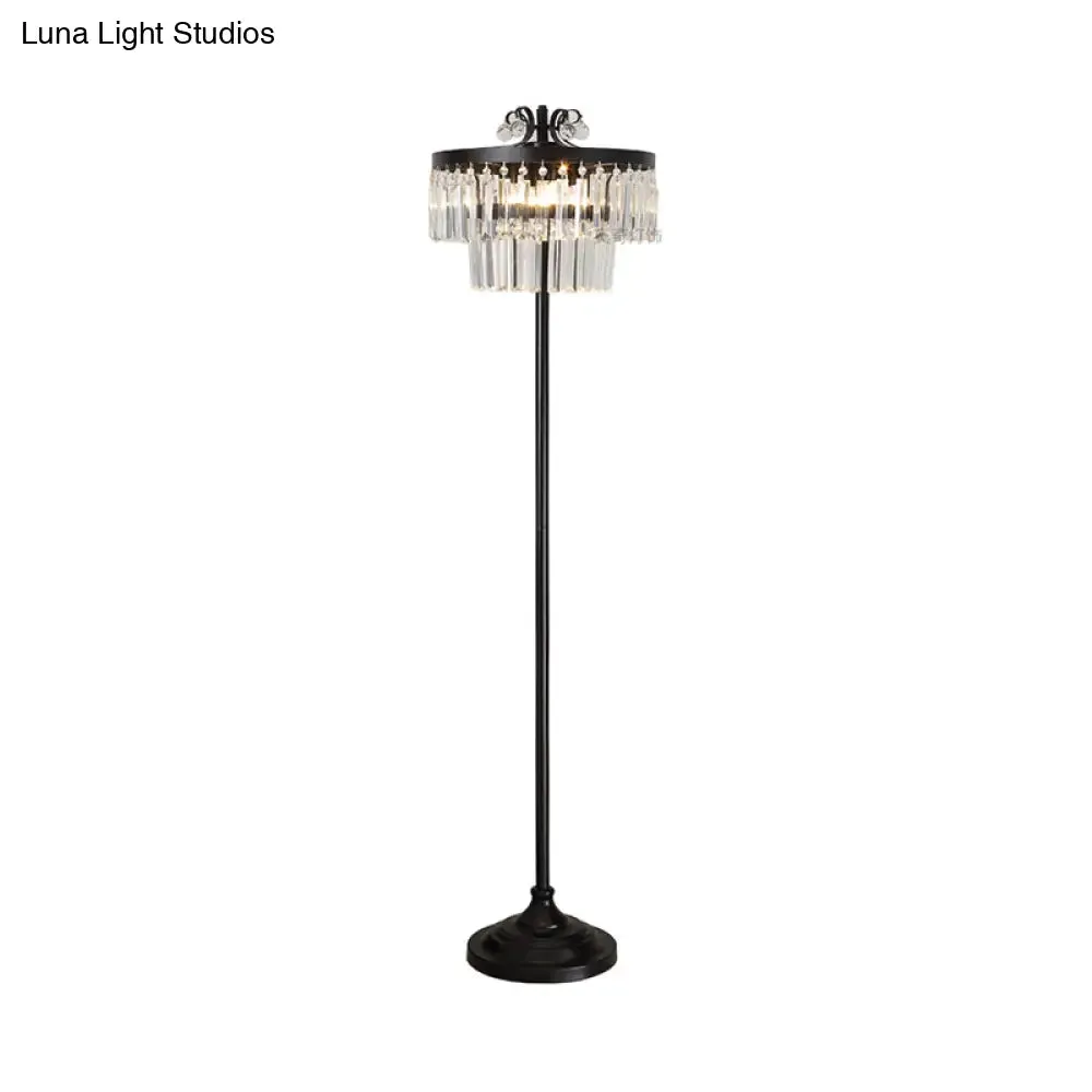 Contemporary Crystal Black Floor Lamp with 2-Tier Drum Shade - Stunning Standing Light