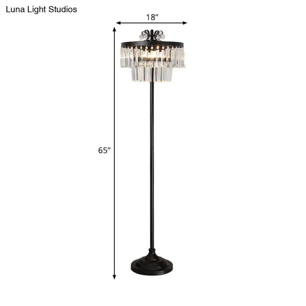 Contemporary Crystal Black Floor Lamp with 2-Tier Drum Shade - Stunning Standing Light