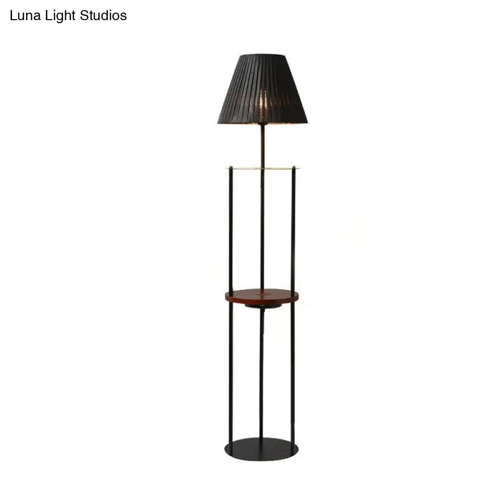 Contemporary Pleated Fabric Conic Floor Table Lamp - 1 Light, Black Standard Design for Bedside