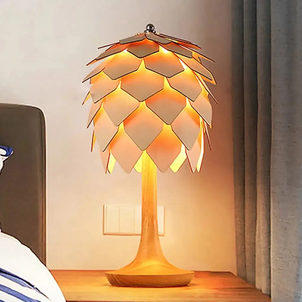 Contemporary Wooden Pine Cone Table Lamp in Beige - Bedroom Lighting