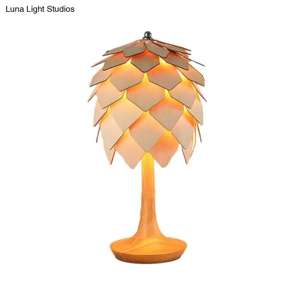 Contemporary Wooden Pine Cone Table Lamp in Beige - Bedroom Lighting