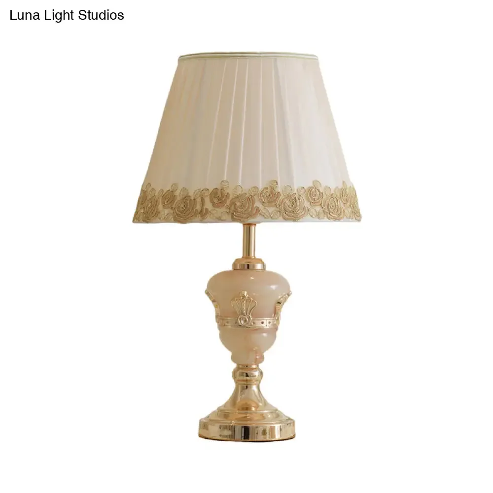 Country Style Conical Table Lamp with Flower Decor in White