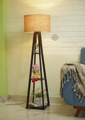 Crosscut Furniture Wooden Floor Lamp with Shelf in Dark Finish (Natural Jute) LED