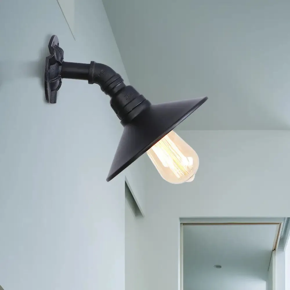 Curved Pipe Metal Wall Mount Sconce with Conic Shade - Industrial Style Hallway Wall Lamp in Black