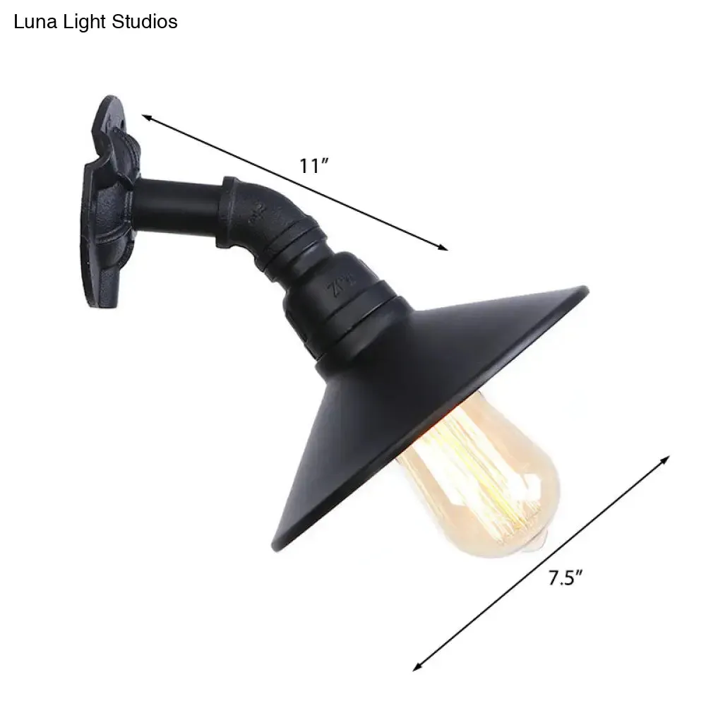 Curved Pipe Metal Wall Mount Sconce with Conic Shade - Industrial Style Hallway Wall Lamp in Black