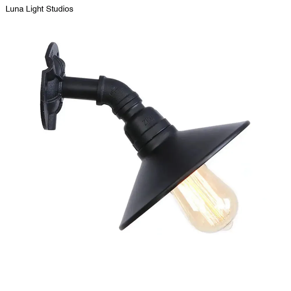 Curved Pipe Metal Wall Mount Sconce with Conic Shade - Industrial Style Hallway Wall Lamp in Black