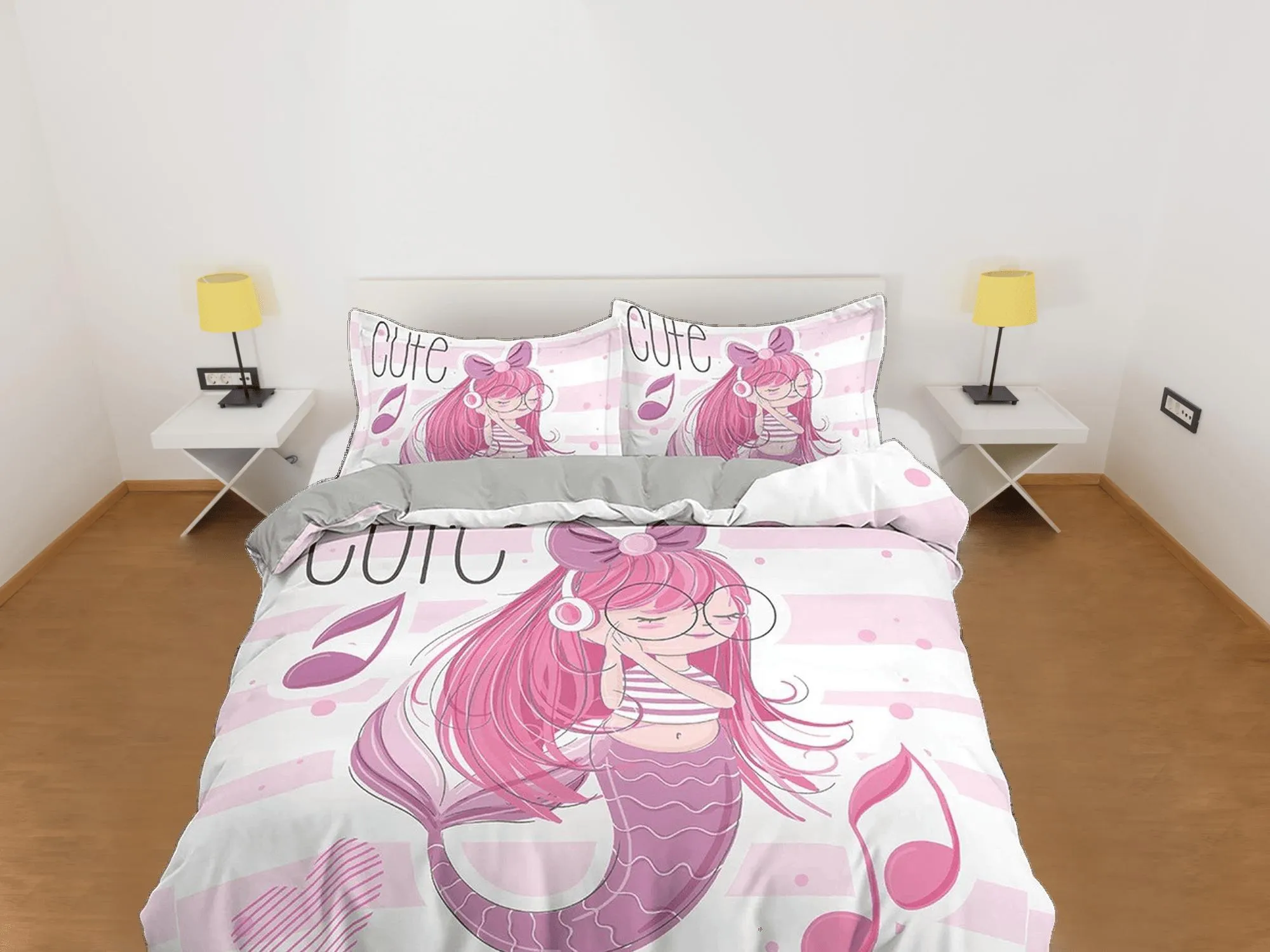 Cute Mermaid Kids Duvet Cover Set, Girly Pink Bedding Set, Toddler Bedding, Kids Bedroom, Music Lover Bed, Duvet King Queen Full Twin Single